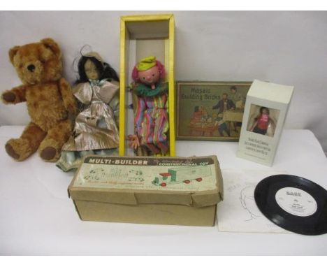 A Pelham clown puppet in original box, mixed toys and a Star Trek 'The Firm' 45rpm record 