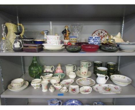 A selection of glass and china to include three Royal Doulton figures, Mr Peckmiff, Rose and Lavina, an Aynsley cabinet cup a