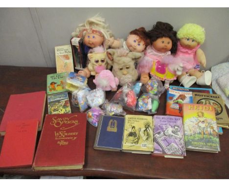 Toys, dolls and books to include Cabbage Patch dolls, Enid Blyton and other books, Talking Furbies, Burger King and McDonalds