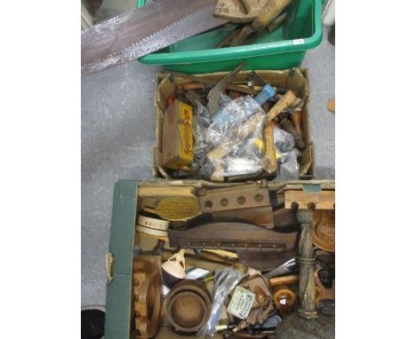 Two boxes of vintage tools and a box of vintage treen household items to include pipe racks, together with a Van Gogh print 