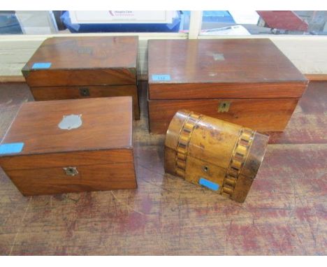 A Victorian walnut writing box with fitted interior, a smaller Victorian jewellery box, one other jewellery and an inlaid wal