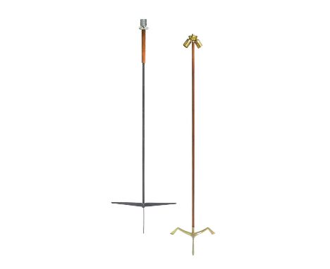 A 1960s Scandinavian Teak and Black Steel Floor Lamp, on a tripod base unmarked, 124cm high with later shadesA 1960s Scandina