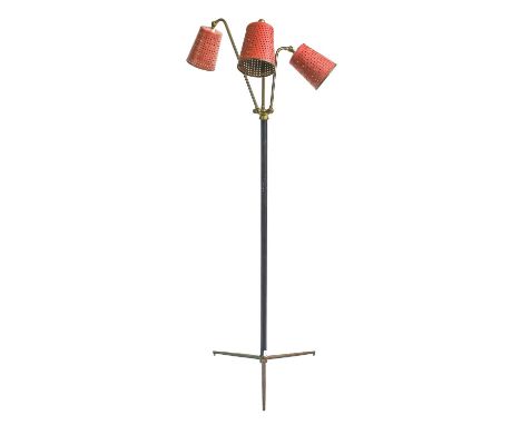 ILUM: A Floor Lamp, circa 1950s, with three mixed length adjustable brass arms each with conical enamelled wire mesh shades, 