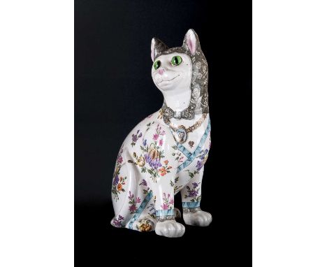Émile Gallé (French, 1846-1904): A Polychrome Faience Model of a Cat, circa 1900, modelled seated wearing head scarf, decorat