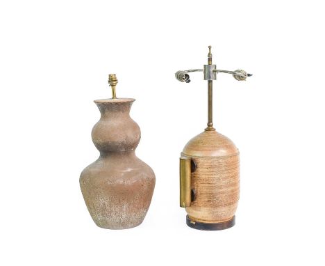 A 1950s French Ceramic Table Lamp, chrome twin bulb holder, brass twin handles with wood spacers, smooth and textured ceramic