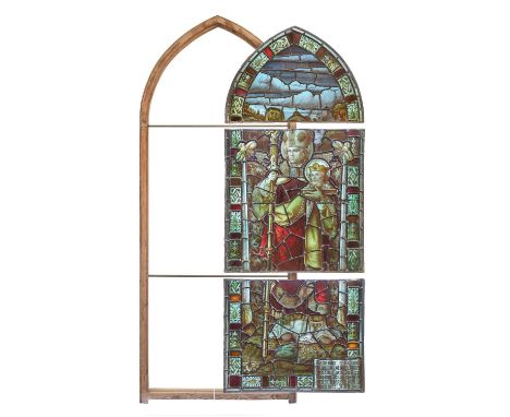 A Stained, Painted and Leaded Glass Three-Section Window Light St Cuthbert, 1902, standing figure holding the head of St Oswa