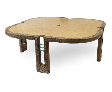 Robert Ingham (b.1938): A Burr Ash Veneered and Wenge Coffee Table, the top with four burr ash veneered sections and a solid 
