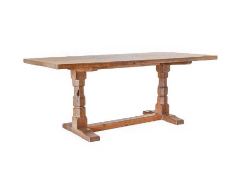 Workshop of Robert Mouseman Thompson (Kilburn): An English Oak 6ft Refectory Dining Table, the adzed three plank rectangular 