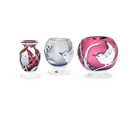Helen Millard (Contemporary): A Cameo Glass Vase, cased in white over ruby ground, mouse with blackberries and a butterfly, e