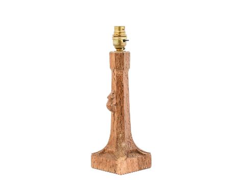 Workshop of Robert Mouseman Thompson (Kilburn): An English Oak Table Lamp, octagonal column on a square base, with carved mou