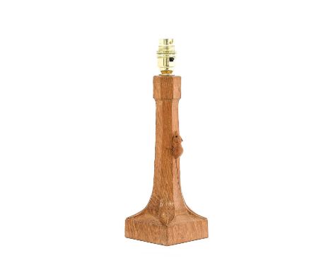 Workshop of Robert Mouseman Thompson (Kilburn): An English Oak Table Lamp, octagonal column on a square base, with carved mou