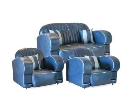 An Art Deco Three Piece Suite, re-upholstered in blue leather with contrasting piping, comprising two-seater sofa and two cha