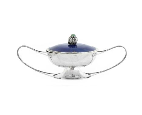 Charles Robert Ashbee (1863-1942): An Arts & Crafts Silver and Enamel Dish and Cover, 1900, the cover with blue enamel and je