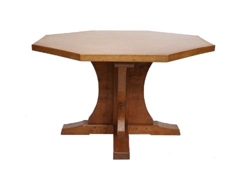 Workshop of Robert Mouseman Thompson (Kilburn): An English Oak 4'4" Octagonal Dining Table, 1958, the three plank dowelled ad