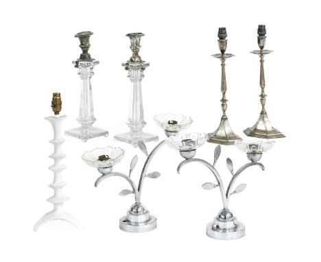 A Pair of 1960s Table Lamps, with two chrome branch arms sprouting from a stepped circular base, 25cm highPurchased from The 