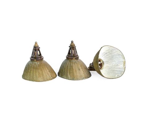 Three American Industrial Gold Mercury Holophone Glass Pendant Lights, circa 1900, made by Curtis Lighting, Chicago, ribbed s