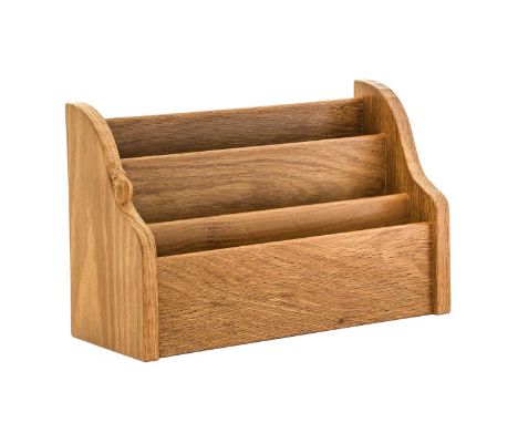 Workshop of Robert Mouseman Thompson (Kilburn): An English Oak Letter Rack, three-tiered, with carved mouse trademark,33cm wi