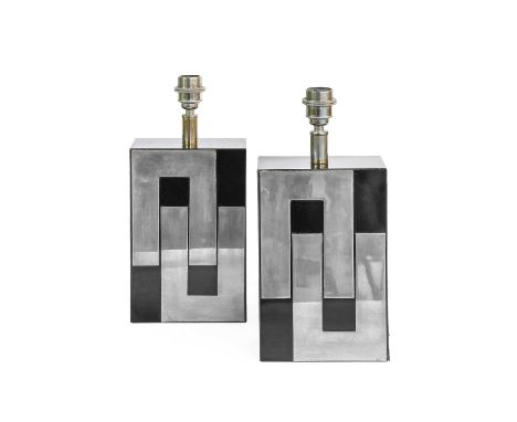 Attributed to Philippe Jean: A Pair of 1980s French Black Lacquered Table Lamps, with chromed graphical metal applications, u