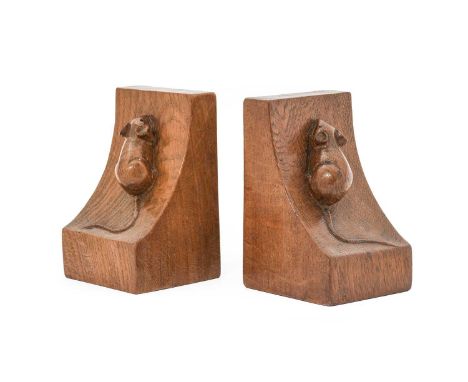 Robert Mouseman Thompson (1876-1955): A Pair of English Oak Single Mouse Bookends, each with a large carved mouse trademark,1