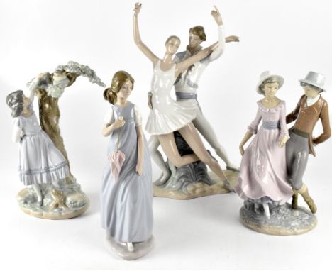 NAO; a group of four large figures and figural groups, a young ballet dancing couple, a couple in Edwardian costume on a wood