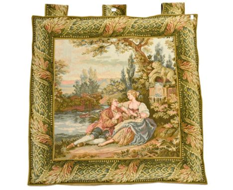 A 20th century tapestry-style wall hanging depicting a courting couple, width 87cm.