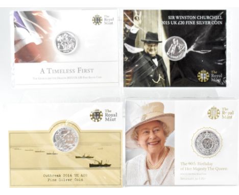 Four Royal Mint commemorative fine silver £20 coins to include '2015 Sir Winston Churchill', '2013 A Timeless First Edition G