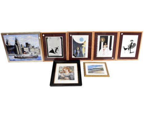 A set of four decorative Art Nouveau style fashion prints, 41 x 30cm, framed and glazed, a decorative tapestry of a young wom