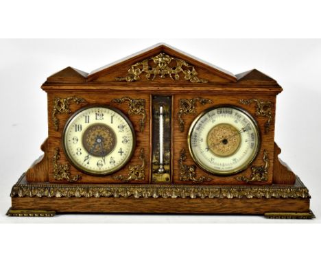 An early 20th century French oak cased clock, barometer and thermometer, with architectural form body, with side brackets, on
