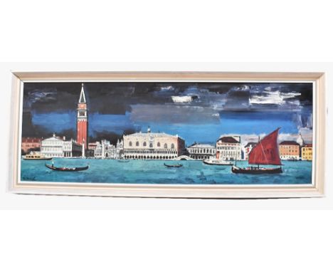 AFTER LIOVERAS; colour lithograph, 'Venice', waterfront scene, titled to label verso, 34 x 99cm, framed.