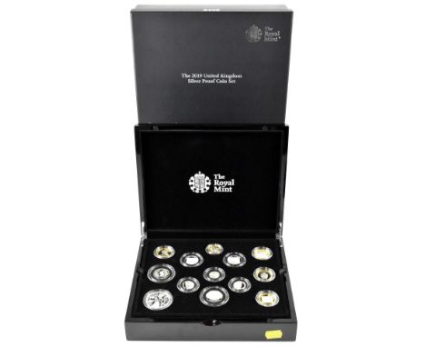 A Royal Mint '2019 United Kingdom Silver Proof Coin Set', limited edition no.563/1000, comprising thirteen silver coins, comm