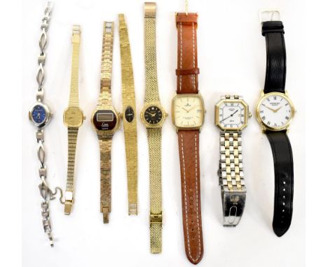 Nine various ladies' and gentlemen's fashion watches, mostly in cases, to include a gentlemen's Raymond Weil Geneve example, 