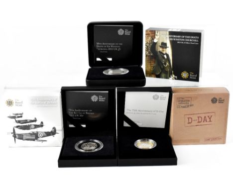 Three Royal Mint commemorative silver coins to include 'The 50th Anniversary of the Death of Sir Winston Churchill 2015' UK £