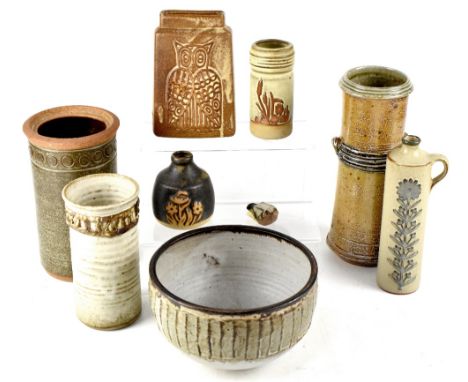 Nine items of modern contemporary studio pottery to include seven vases of varying shapes and decoration, the tallest by Barr