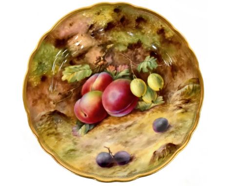 ROYAL WORCESTER; a 'Fallen Fruits' cabinet display plate decorated by Thomas Lockyer, with hand painted peaches, gooseberries