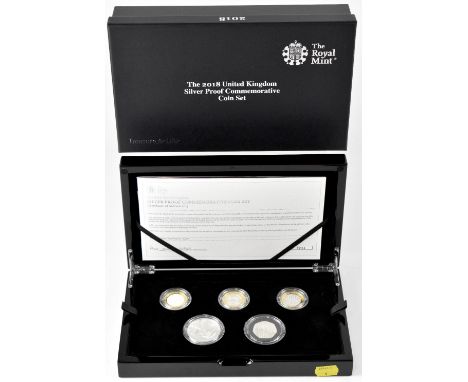 A Royal Mint '2018 United Kingdom Silver Proof Commemorative Coin Set', limited edition no.233/1000, comprising five coins to