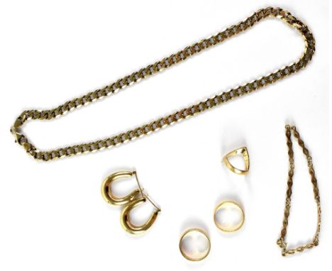 A group of gold jewellery including a 9ct yellow gold flat link chain, length 47cm, a 9ct yellow gold bracelet, a pair of ear