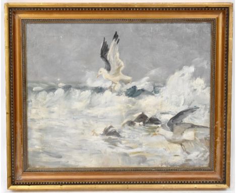 CHARLES WALTER SIMPSON (1885-1971); oil on canvas, seagulls by the shoreline, attributed verso with price ticket, 41 x 51cm, 