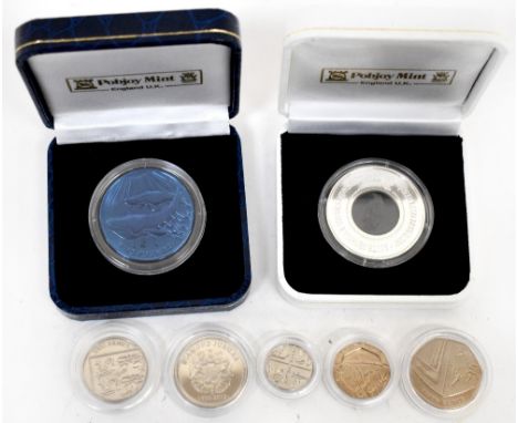 Two Pobjoy Mint collectors' coins to include 'South Georgia and the South Sandwich Islands', 925 silver with inset crystal mi