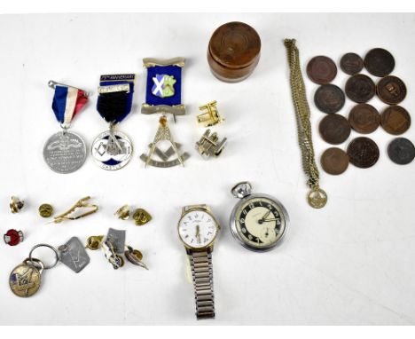 Various collectibles to include Masonic items, badges, key fobs, necklaces, pins, Newlands Lodge Load pennies 'They Received 