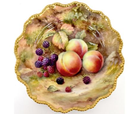 ROYAL WORCESTER; a 'Fallen Fruits' cabinet display plate decorated by Thomas Lockyer, with hand painted peaches and berries, 