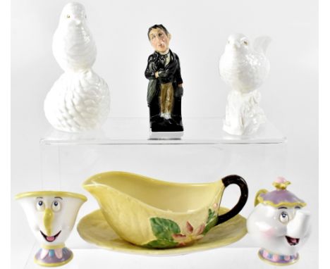 A small group of mixed ceramics to include a pair of Poole blanc de Chine lovebirds (one af), a Carltonware cabbage pattern s