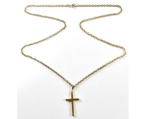 A hallmarked 9ct gold cross pendant on 9ct gold ring link necklace, length 60cm, approx. 10.9g.