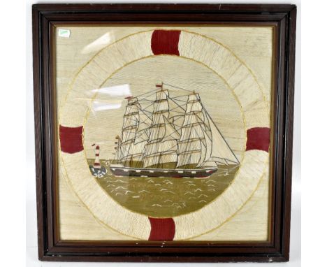 A late 19th/early 20th century embroidery work/sampler, 'Homeward Bound' with image of a three-masted sailing ship sailing in