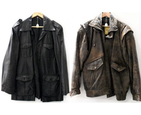 A gentlemen's brushed brown leather bomber-style jacket with elasticated and button cuffs, zip to front, medium, and a gentle