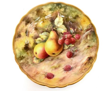 ROYAL WORCESTER; a 'Fallen Fruits' cabinet display plate decorated by Thomas Lockyer, with hand painted pears and berries, gi