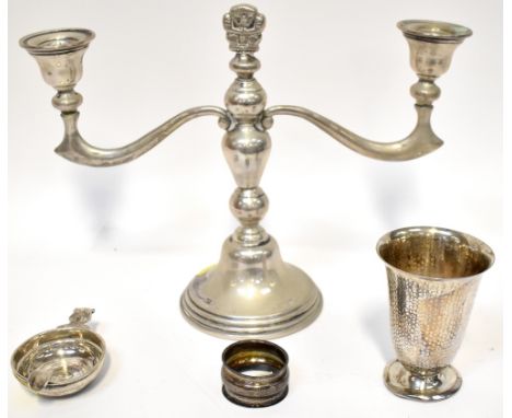 A Columbian silver (0900 grade) beaker with hammered effect sides, height 10cm, a Columbian silver double candlestick with Az