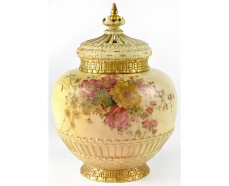 ROYAL WORCESTER; a Victorian blush ivory potpourri jar and cover, with moulded design to represent basket work and painted wi