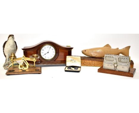 Various collectibles to include postage scales and weights, a Beswick Beneagles osprey decanter, a mahogany mantel clock with