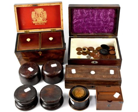 A 19th century rosewood sarcophagus tea caddy with original covers and lead lining (lacking tea bowls), red lined interior wi