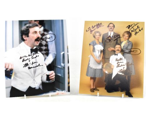 TV AND FILM, 'FAWLTY TOWERS'; four photographs bearing signatures including John Cleese, Prunella Scales, Connie Booth and An